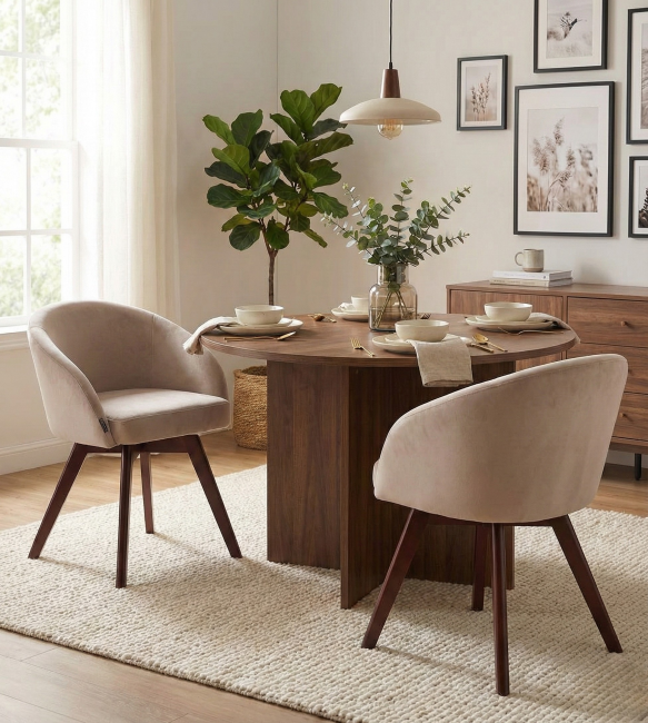 Krzesło Welurowe Obrotowe FLOW beżowe noga drewniana orzech