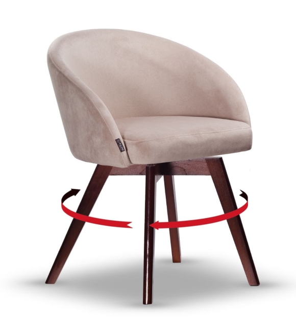 Krzesło Welurowe Obrotowe FLOW beżowe noga drewniana orzech