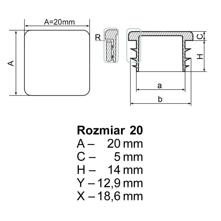 zestaw 4 szt - STOPKA kwadratowa 20x20mm
